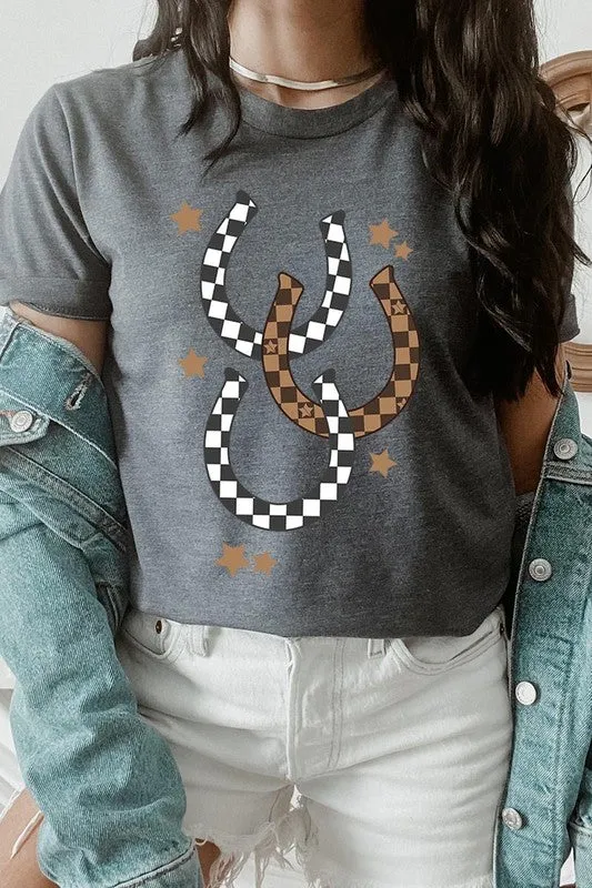 women's Western Checkered Horseshoes Graphic Tee
