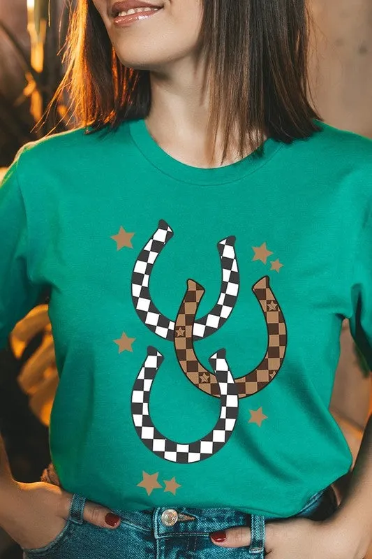 women's Western Checkered Horseshoes Graphic Tee