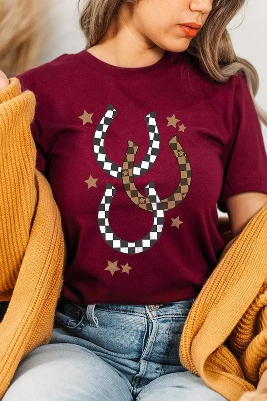 women's Western Checkered Horseshoes Graphic Tee