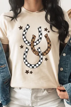 women's Western Checkered Horseshoes Graphic Tee