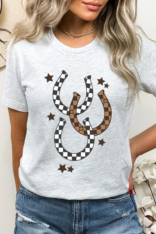 women's Western Checkered Horseshoes Graphic Tee
