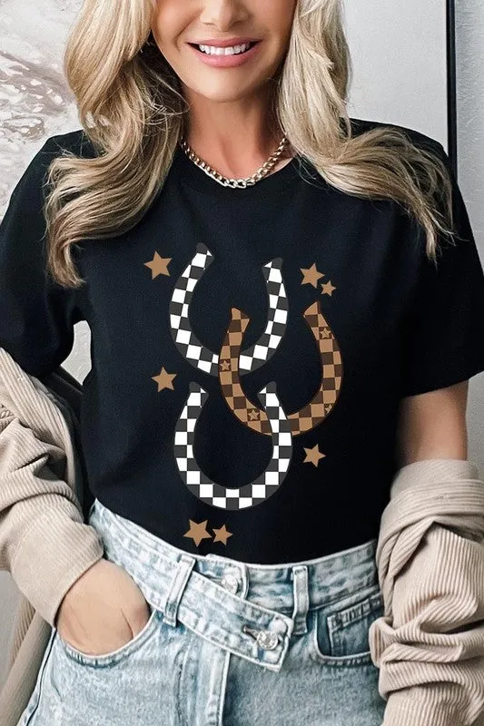 women's Western Checkered Horseshoes Graphic Tee