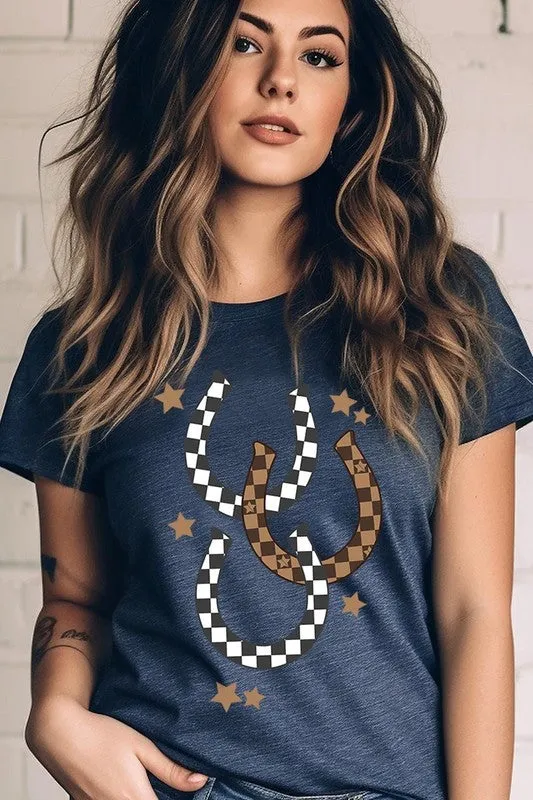 women's Western Checkered Horseshoes Graphic Tee