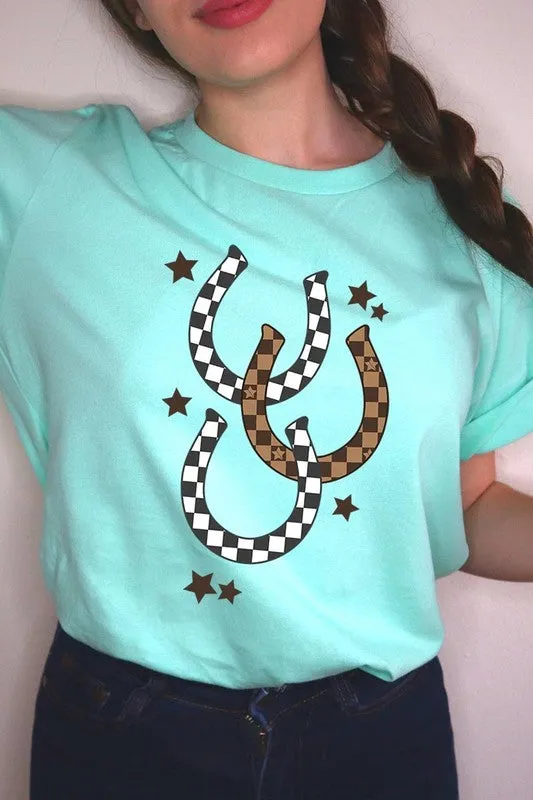 women's Western Checkered Horseshoes Graphic Tee