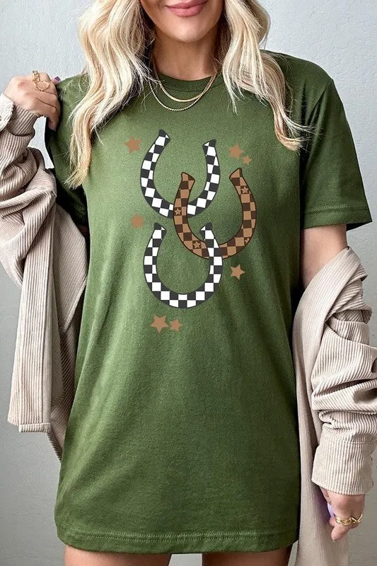 women's Western Checkered Horseshoes Graphic Tee