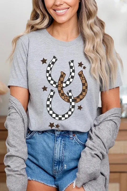 women's Western Checkered Horseshoes Graphic Tee