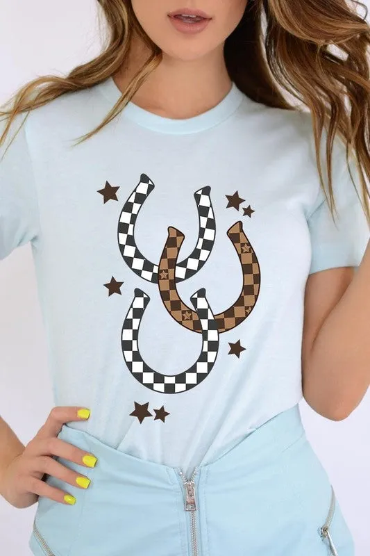 women's Western Checkered Horseshoes Graphic Tee