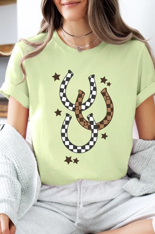 women's Western Checkered Horseshoes Graphic Tee