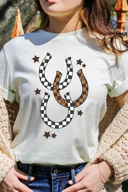women's Western Checkered Horseshoes Graphic Tee