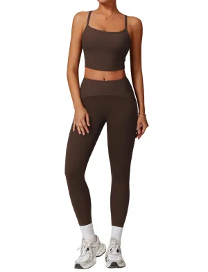 Womens Workout Sets Two Piece Seamless Stretch Cross Back Tank Top Matching Tummy Control High Waist Leggings Set 2 Piece For Women Gym Yoga Active Wear Outfits Athletic Work Out Clothes Coffee