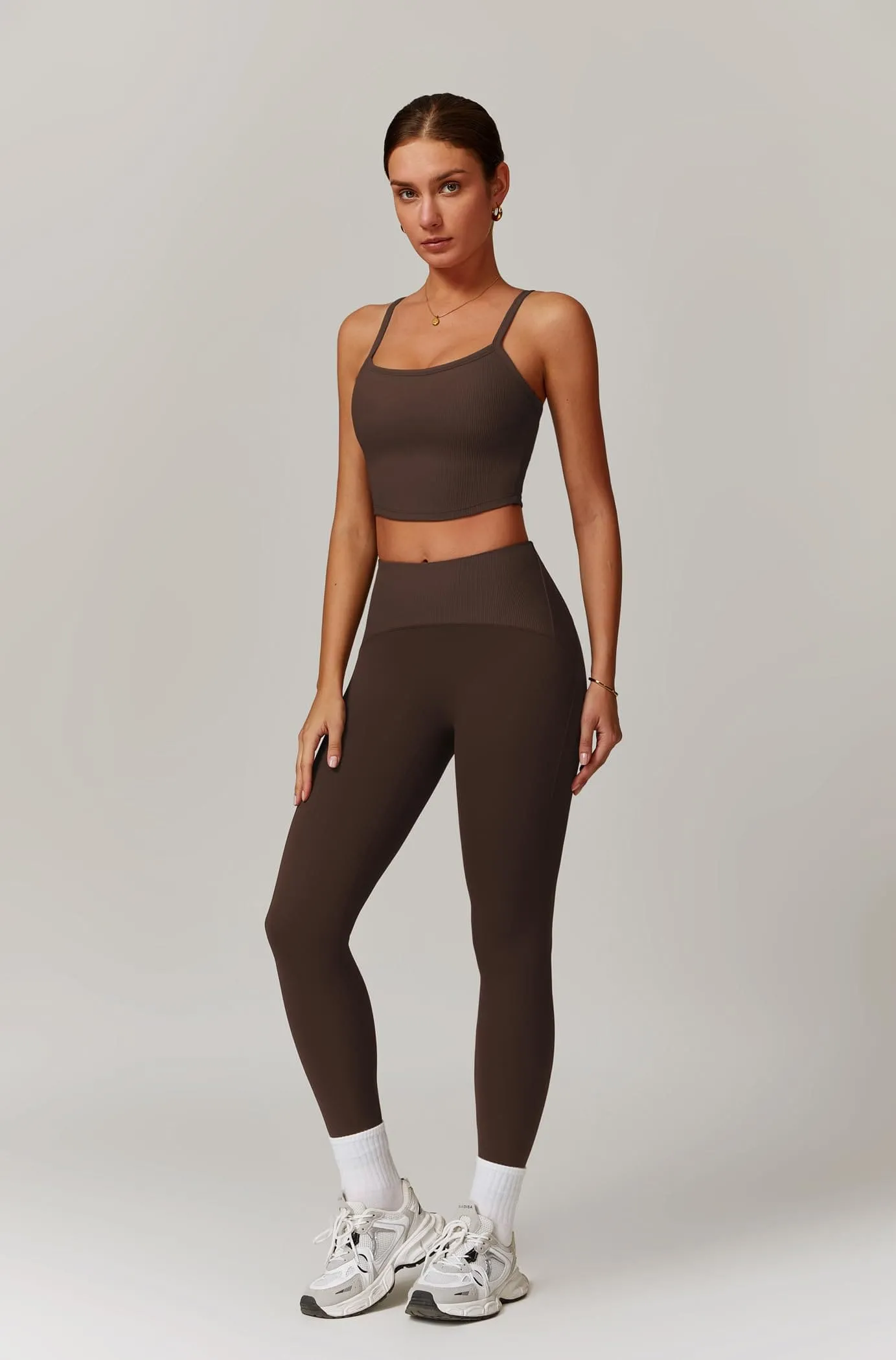 Womens Workout Sets Two Piece Seamless Stretch Cross Back Tank Top Matching Tummy Control High Waist Leggings Set 2 Piece For Women Gym Yoga Active Wear Outfits Athletic Work Out Clothes Coffee