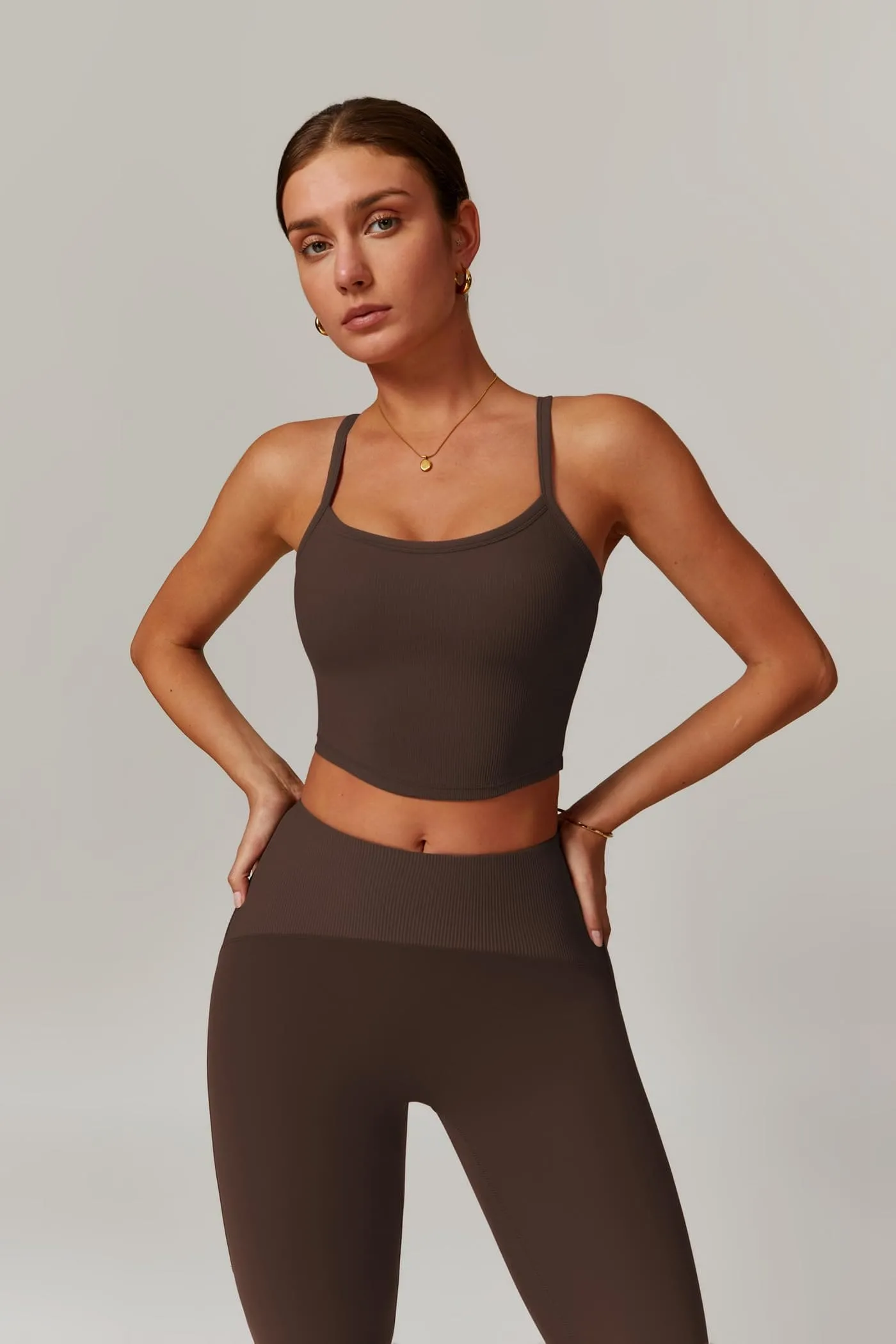 Womens Workout Sets Two Piece Seamless Stretch Cross Back Tank Top Matching Tummy Control High Waist Leggings Set 2 Piece For Women Gym Yoga Active Wear Outfits Athletic Work Out Clothes Coffee