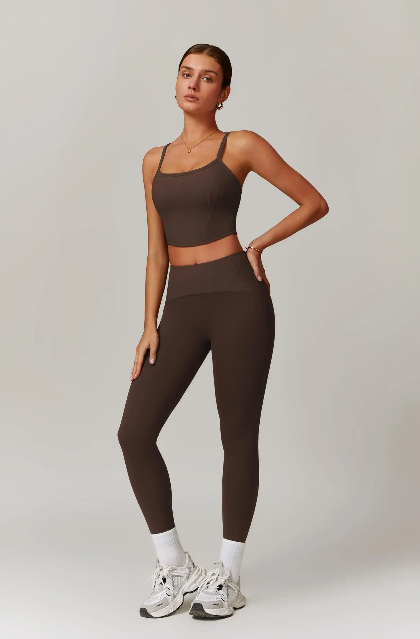 Womens Workout Sets Two Piece Seamless Stretch Cross Back Tank Top Matching Tummy Control High Waist Leggings Set 2 Piece For Women Gym Yoga Active Wear Outfits Athletic Work Out Clothes Coffee