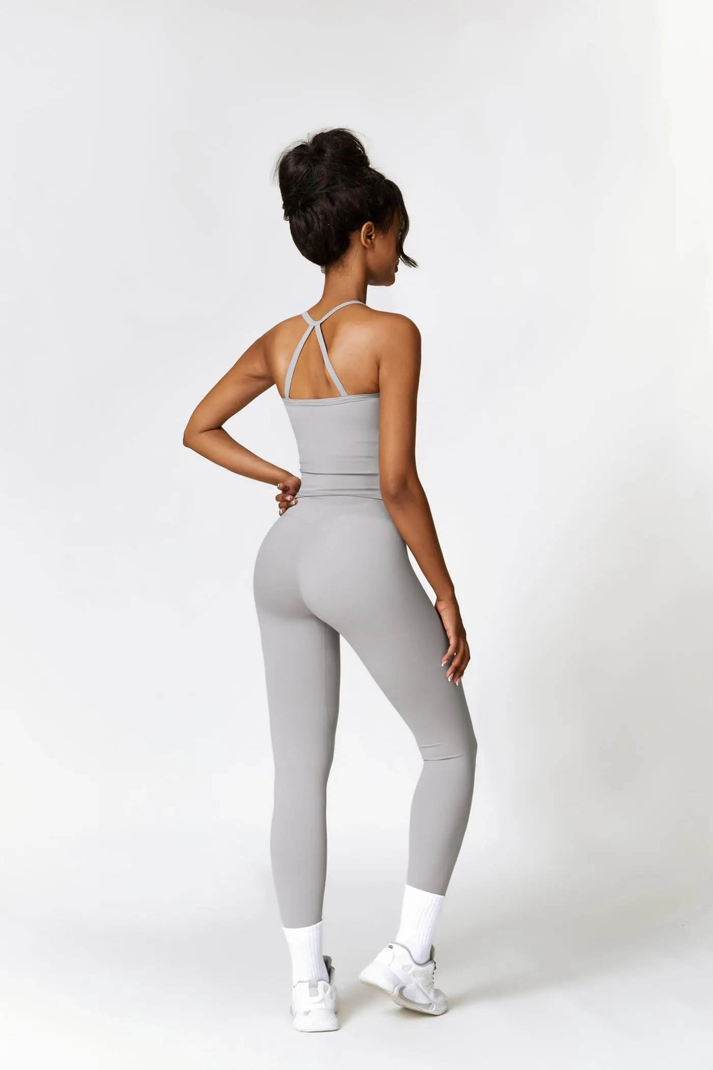 Womens Workout Sets Two Piece Seamless Stretch Cross Back Tank Top Matching Tummy Control High Waist Leggings Set 2 Piece For Women Gym Yoga Active Wear Outfits Athletic Work Out Clothes Grey