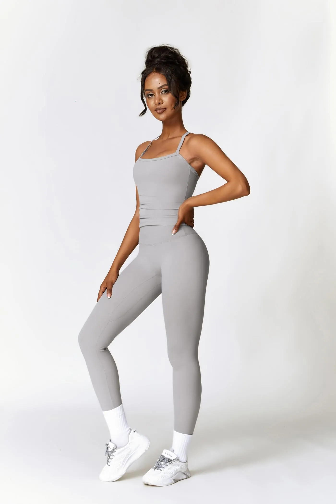 Womens Workout Sets Two Piece Seamless Stretch Cross Back Tank Top Matching Tummy Control High Waist Leggings Set 2 Piece For Women Gym Yoga Active Wear Outfits Athletic Work Out Clothes Grey