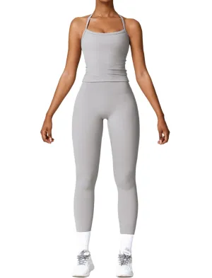 Womens Workout Sets Two Piece Seamless Stretch Cross Back Tank Top Matching Tummy Control High Waist Leggings Set 2 Piece For Women Gym Yoga Active Wear Outfits Athletic Work Out Clothes Grey