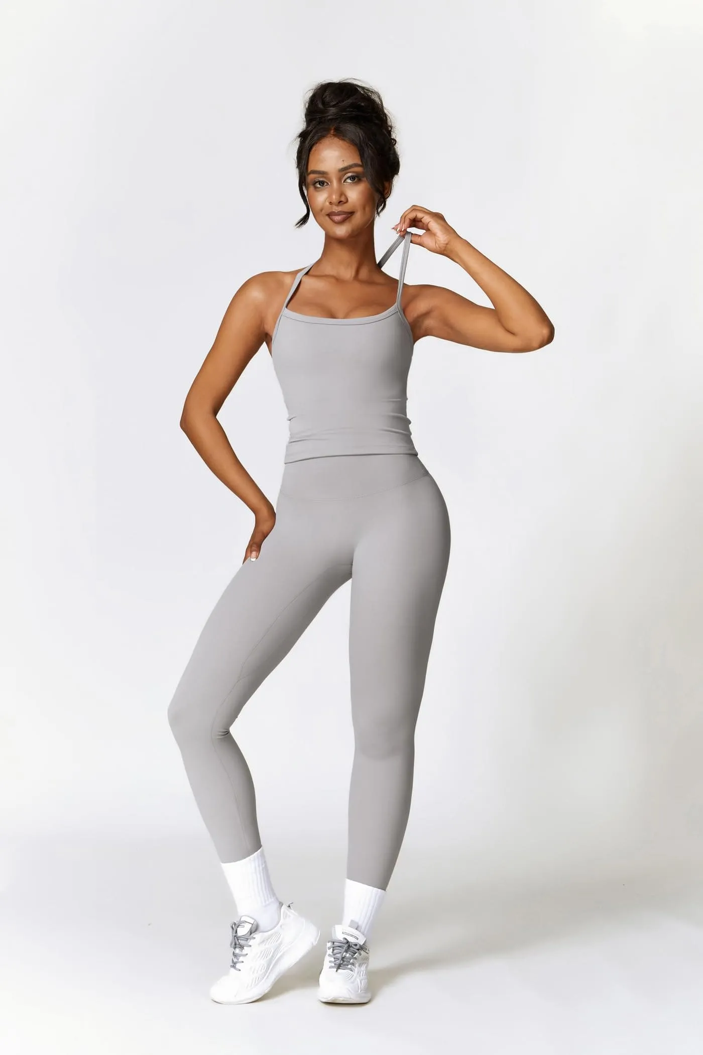 Womens Workout Sets Two Piece Seamless Stretch Cross Back Tank Top Matching Tummy Control High Waist Leggings Set 2 Piece For Women Gym Yoga Active Wear Outfits Athletic Work Out Clothes Grey