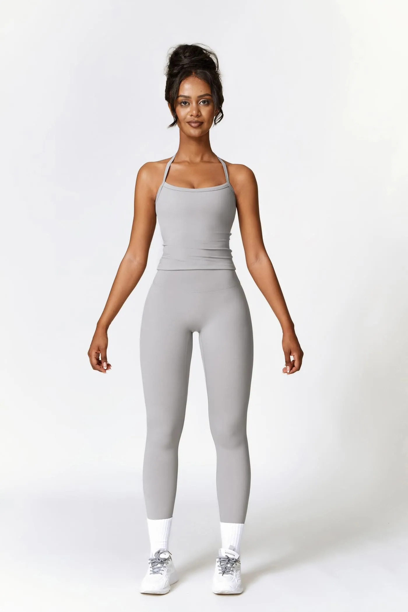 Womens Workout Sets Two Piece Seamless Stretch Cross Back Tank Top Matching Tummy Control High Waist Leggings Set 2 Piece For Women Gym Yoga Active Wear Outfits Athletic Work Out Clothes Grey