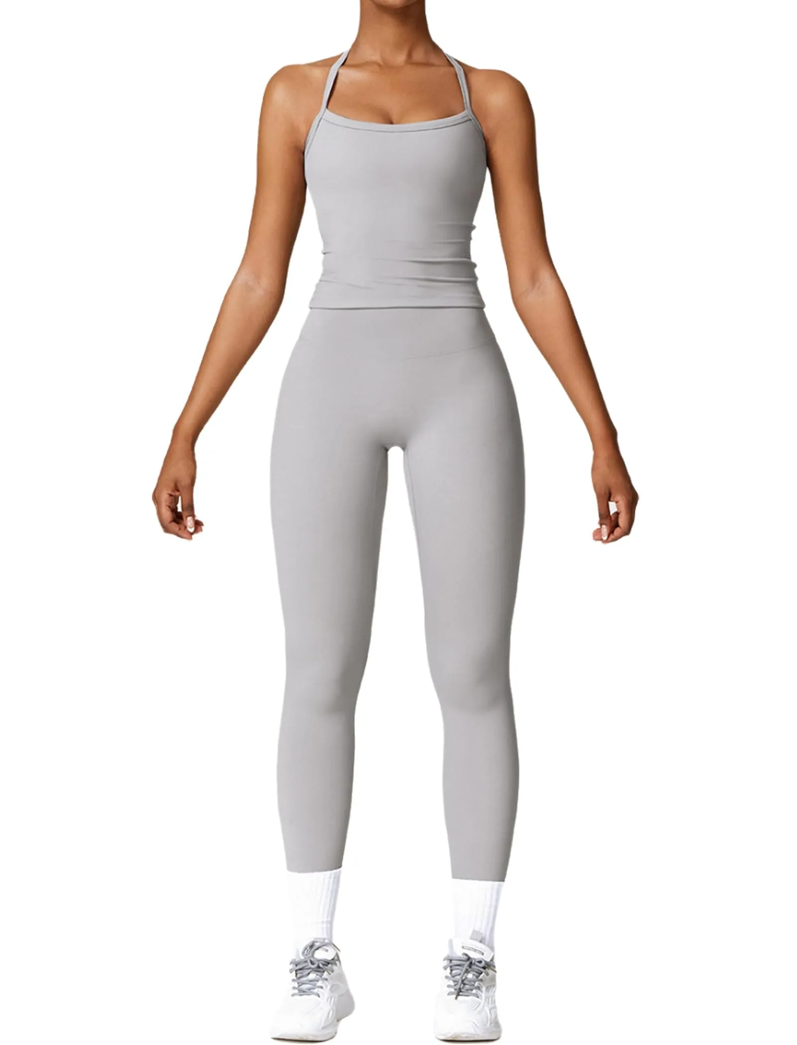 Womens Workout Sets Two Piece Seamless Stretch Cross Back Tank Top Matching Tummy Control High Waist Leggings Set 2 Piece For Women Gym Yoga Active Wear Outfits Athletic Work Out Clothes Grey