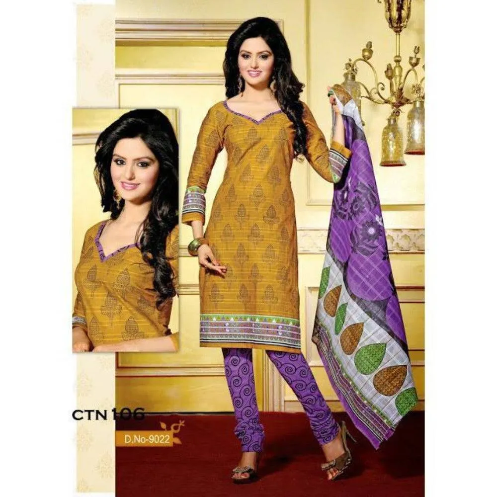 Yellow and Purple Cotton Printed Salwar Kameez Dress Material