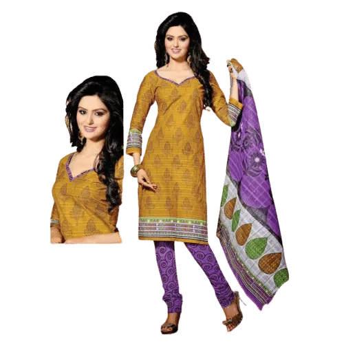 Yellow and Purple Cotton Printed Salwar Kameez Dress Material