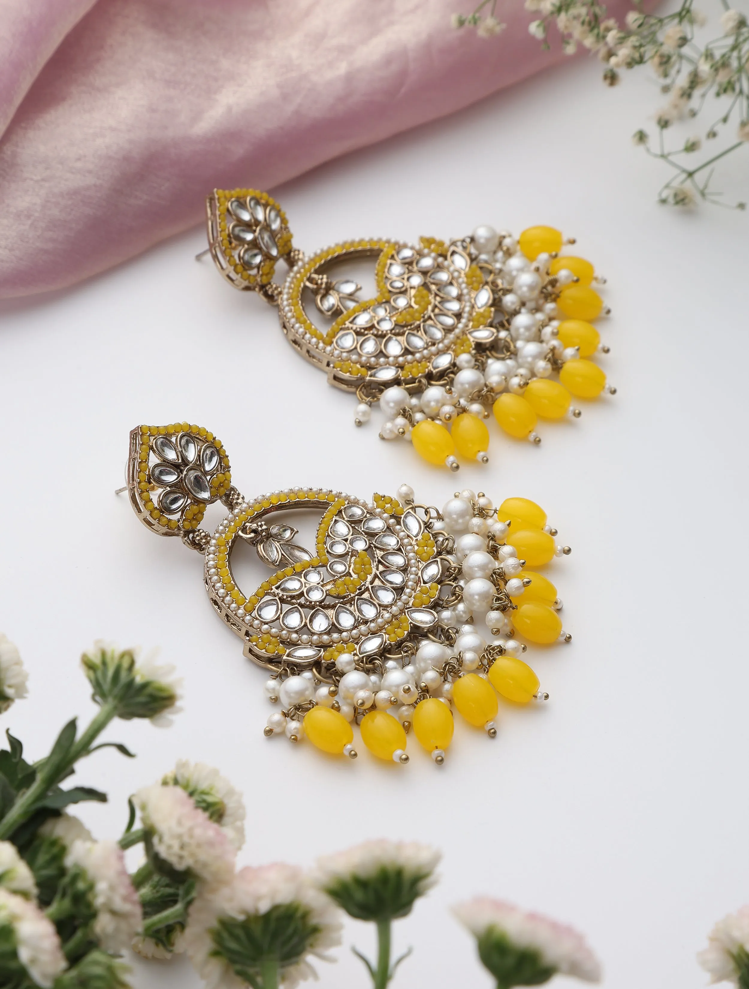 Yellow Color Kundan Earrings