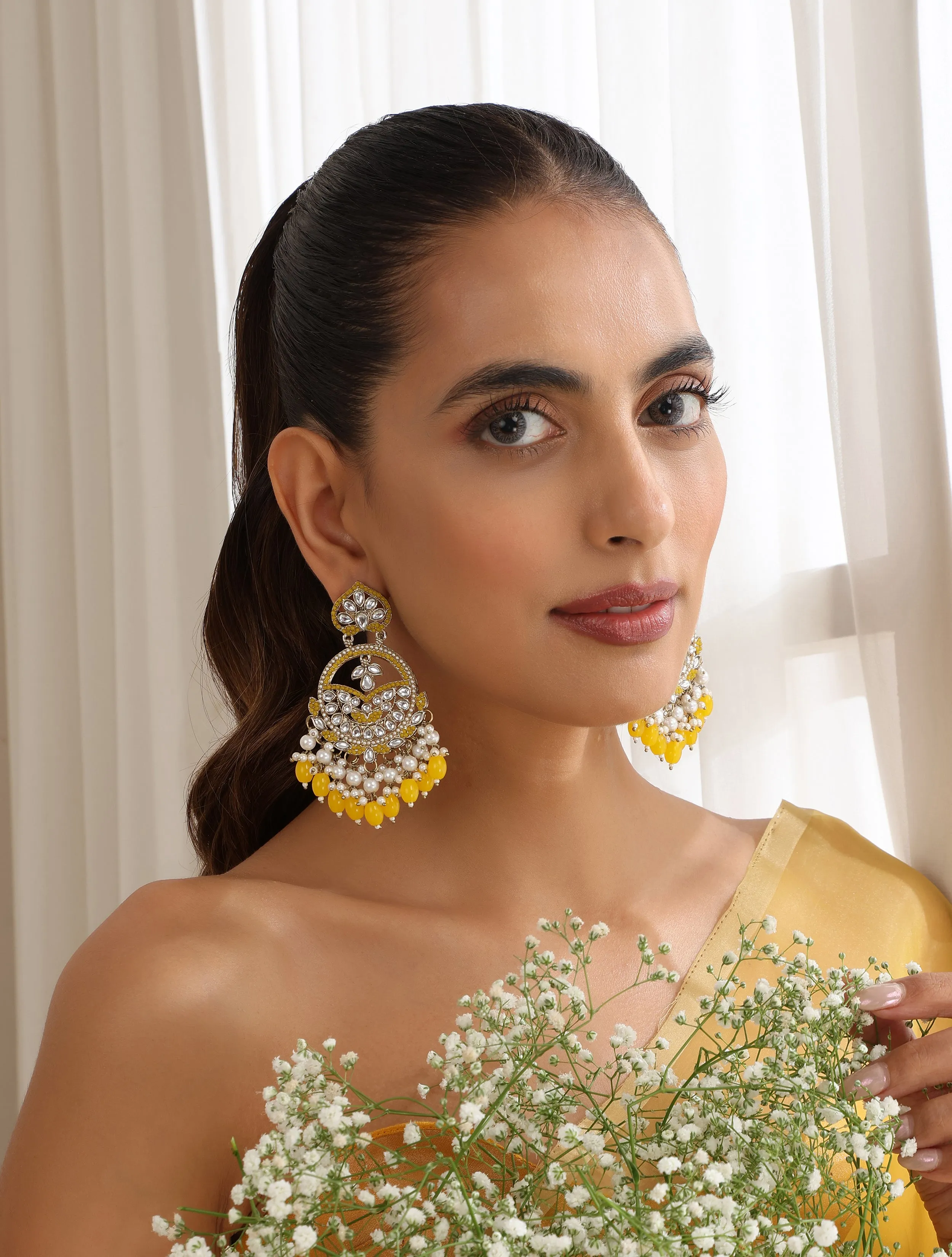 Yellow Color Kundan Earrings