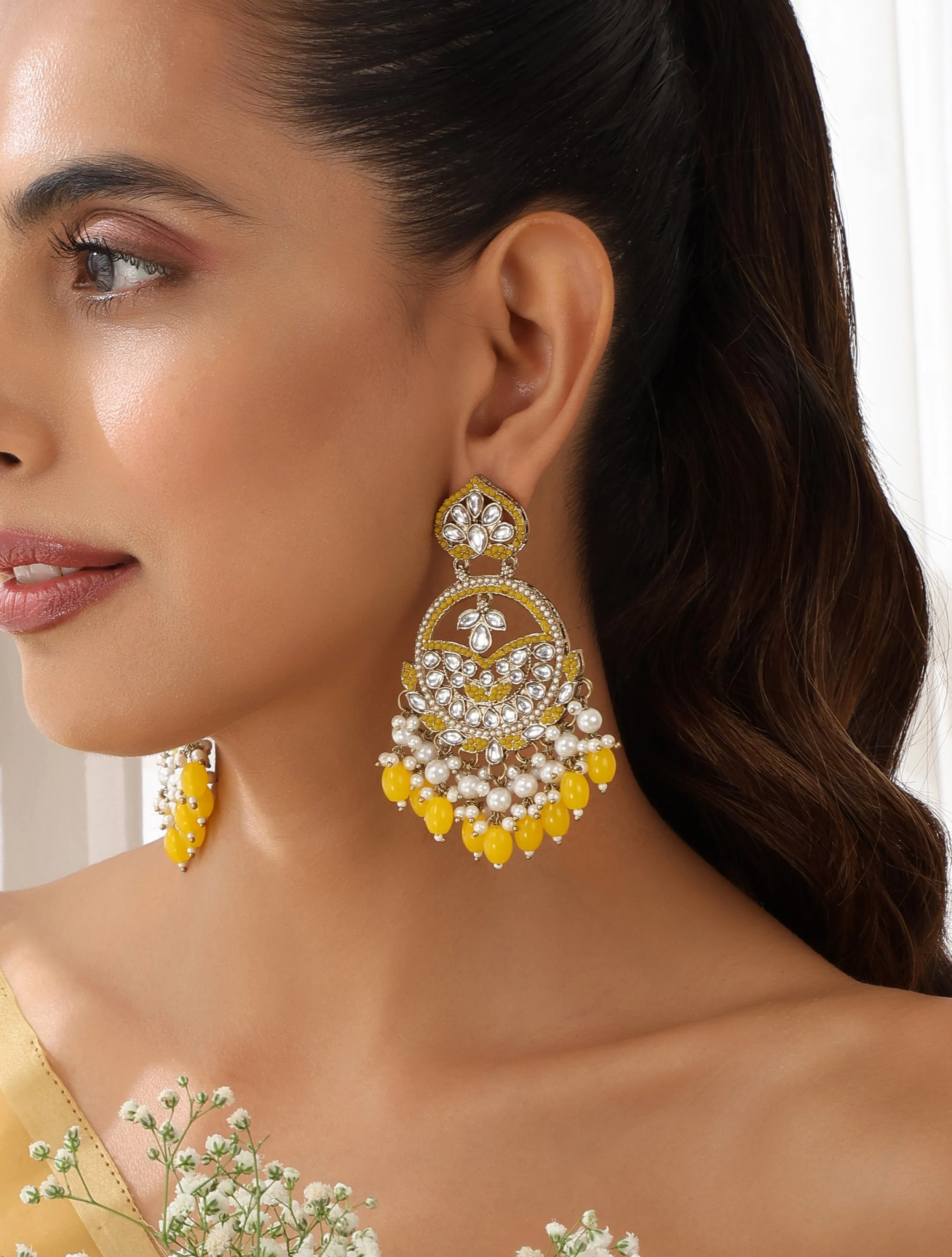 Yellow Color Kundan Earrings