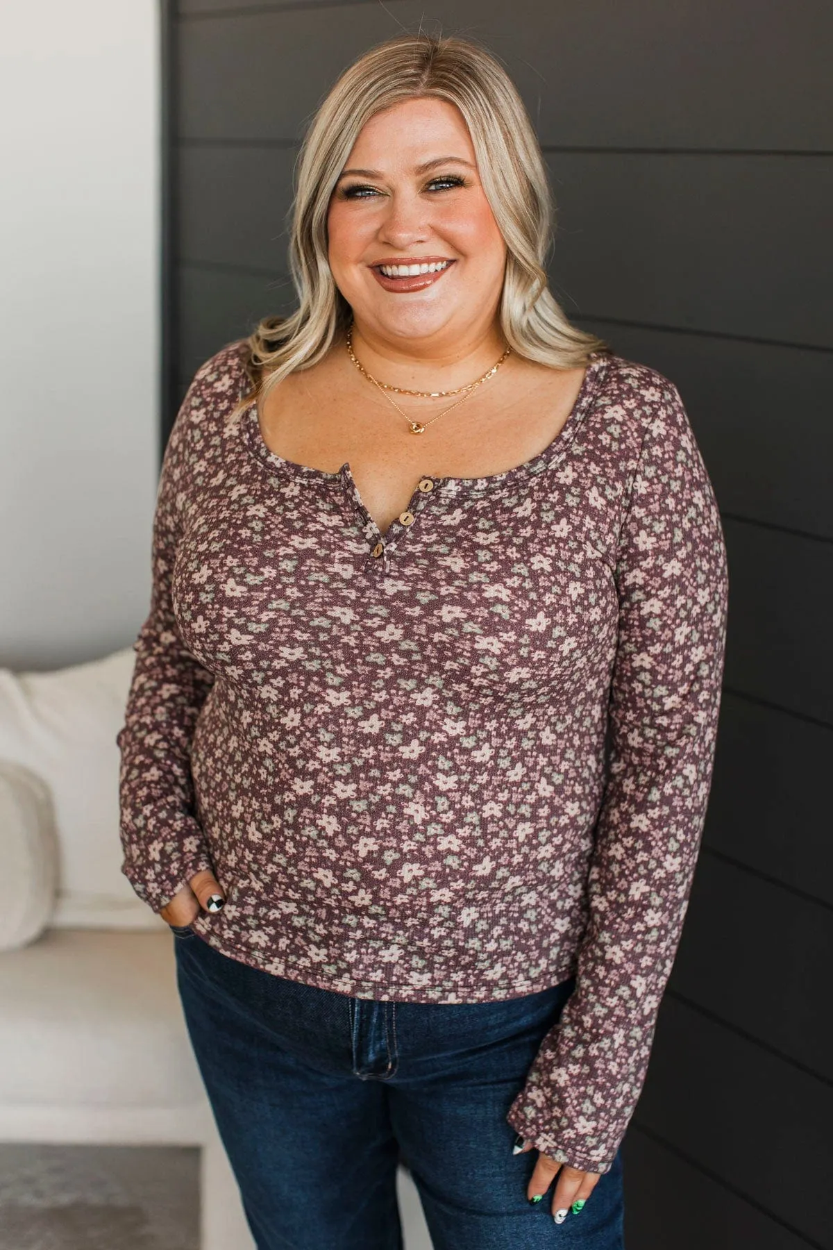 Your Forever Floral Henley Top- Brown