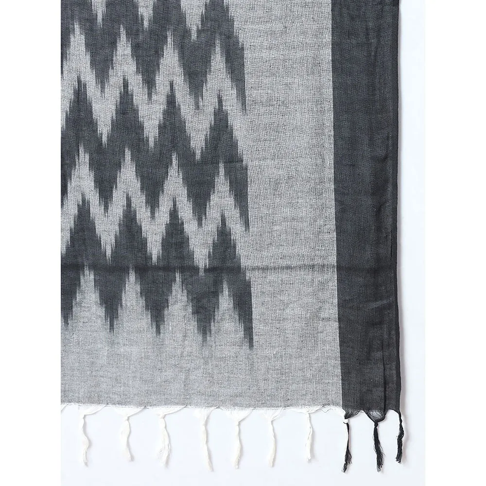 Yufta Black Ikat Print A-Line Kurta Trouser & Dupatta (Set of 3)