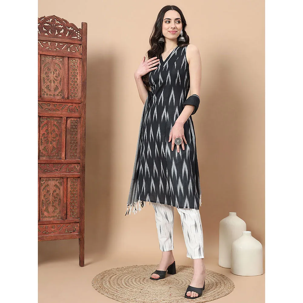 Yufta Black Ikat Print A-Line Kurta Trouser & Dupatta (Set of 3)