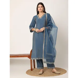 Yufta Blue Roman Silk Zari-Work On Yoke Straight Kurta with Pant & Dupatta (Set of 3)