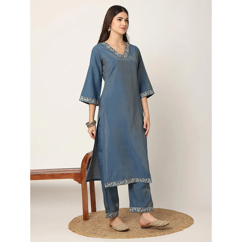 Yufta Blue Roman Silk Zari-Work On Yoke Straight Kurta with Pant & Dupatta (Set of 3)
