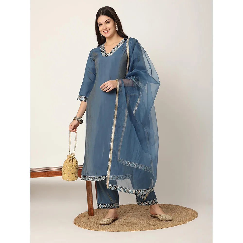 Yufta Blue Roman Silk Zari-Work On Yoke Straight Kurta with Pant & Dupatta (Set of 3)