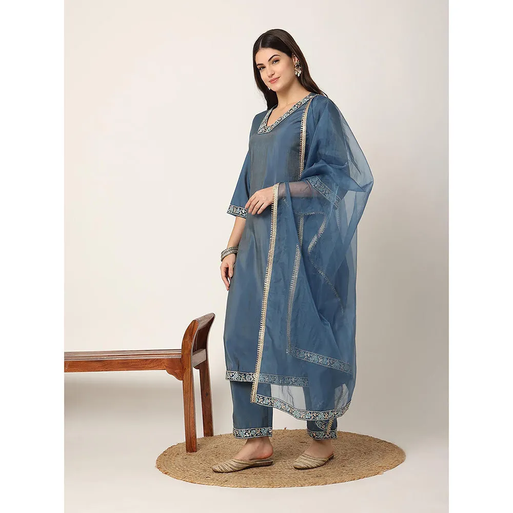 Yufta Blue Roman Silk Zari-Work On Yoke Straight Kurta with Pant & Dupatta (Set of 3)