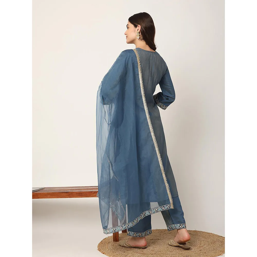 Yufta Blue Roman Silk Zari-Work On Yoke Straight Kurta with Pant & Dupatta (Set of 3)