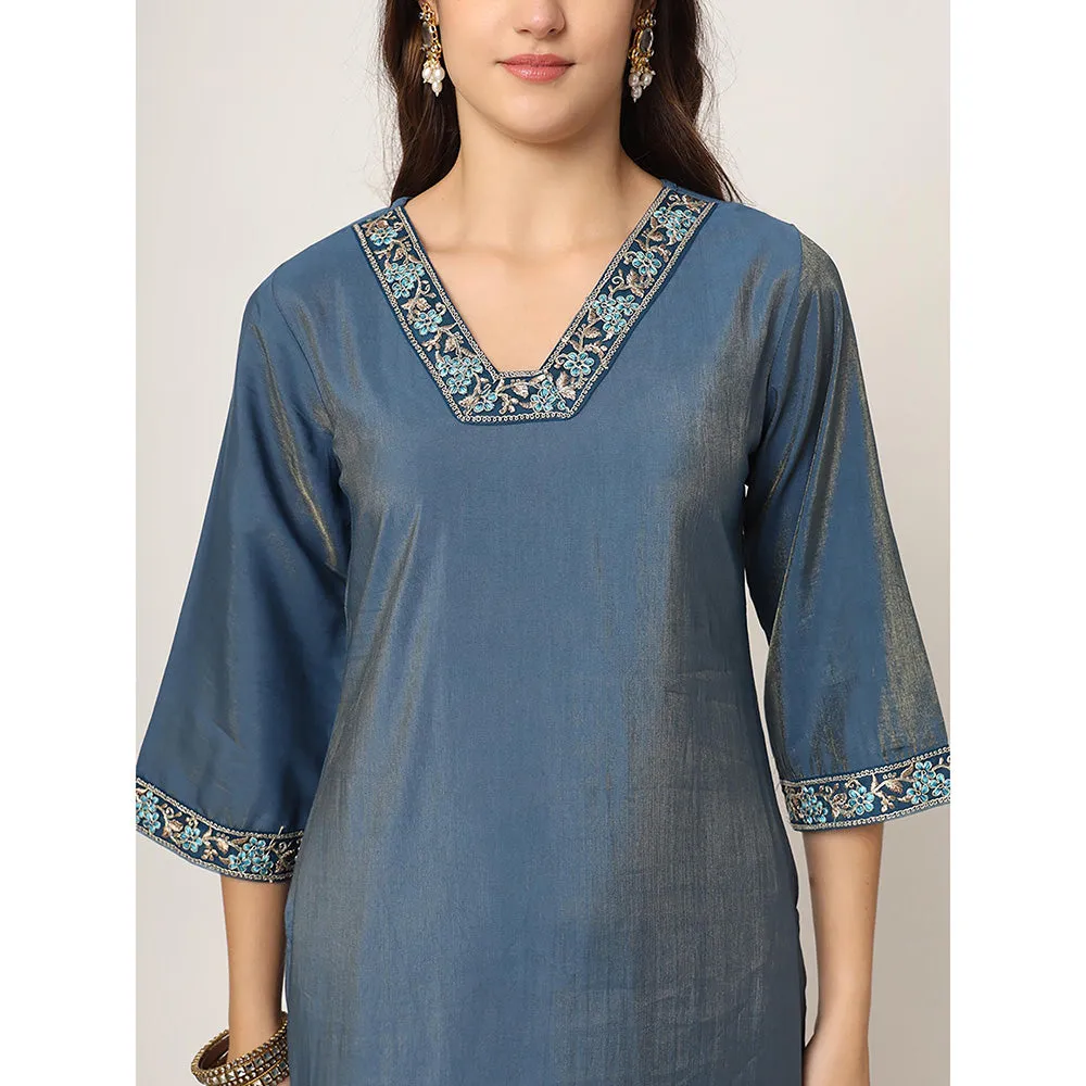 Yufta Blue Roman Silk Zari-Work On Yoke Straight Kurta with Pant & Dupatta (Set of 3)