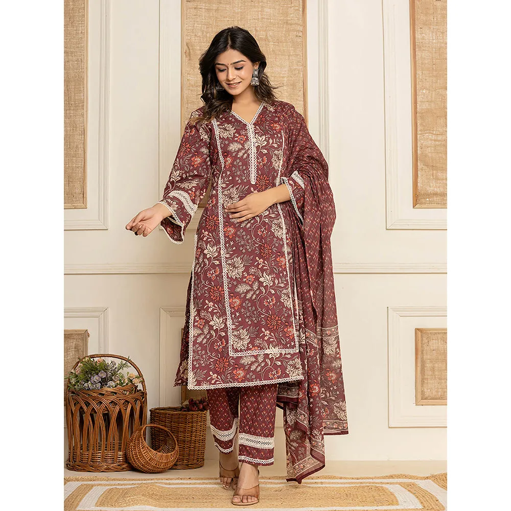 Yufta Maroon Floral Print Cotton Straight Style Kurta and Trouser with Dupatta (Set of 3)