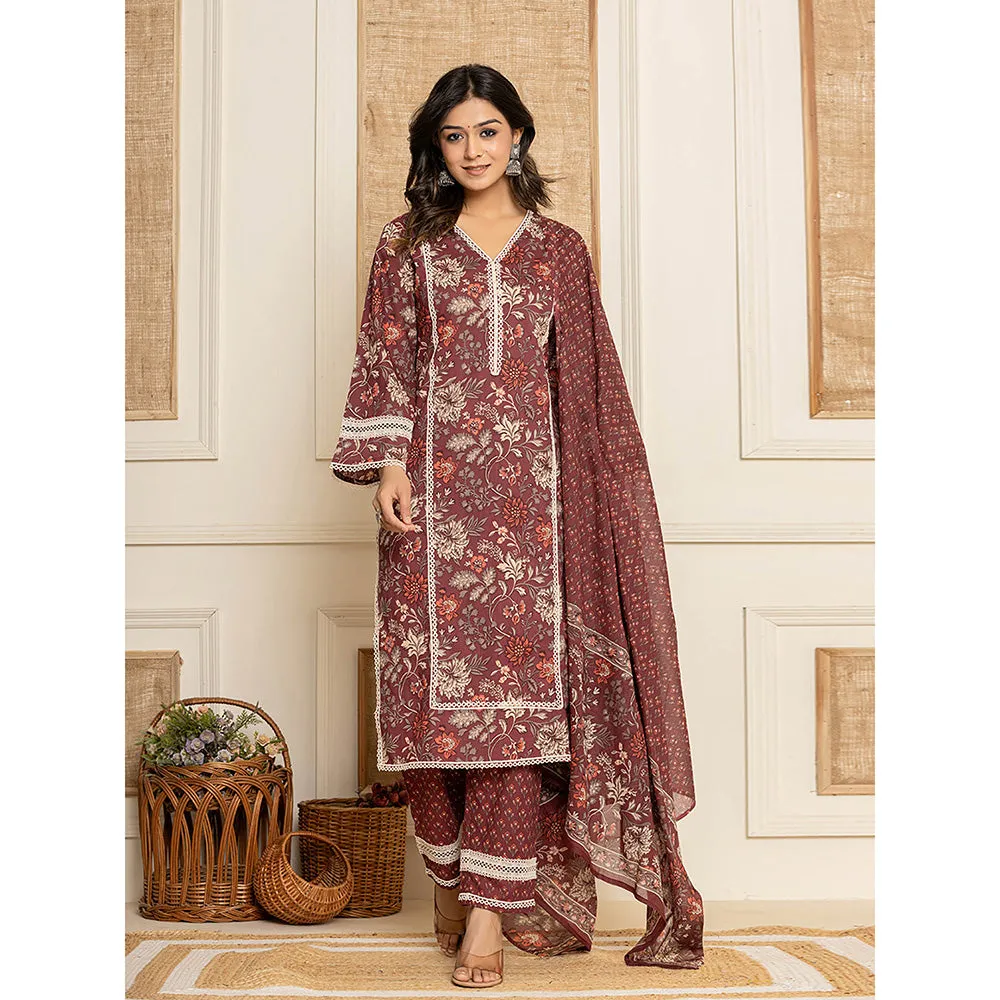 Yufta Maroon Floral Print Cotton Straight Style Kurta and Trouser with Dupatta (Set of 3)