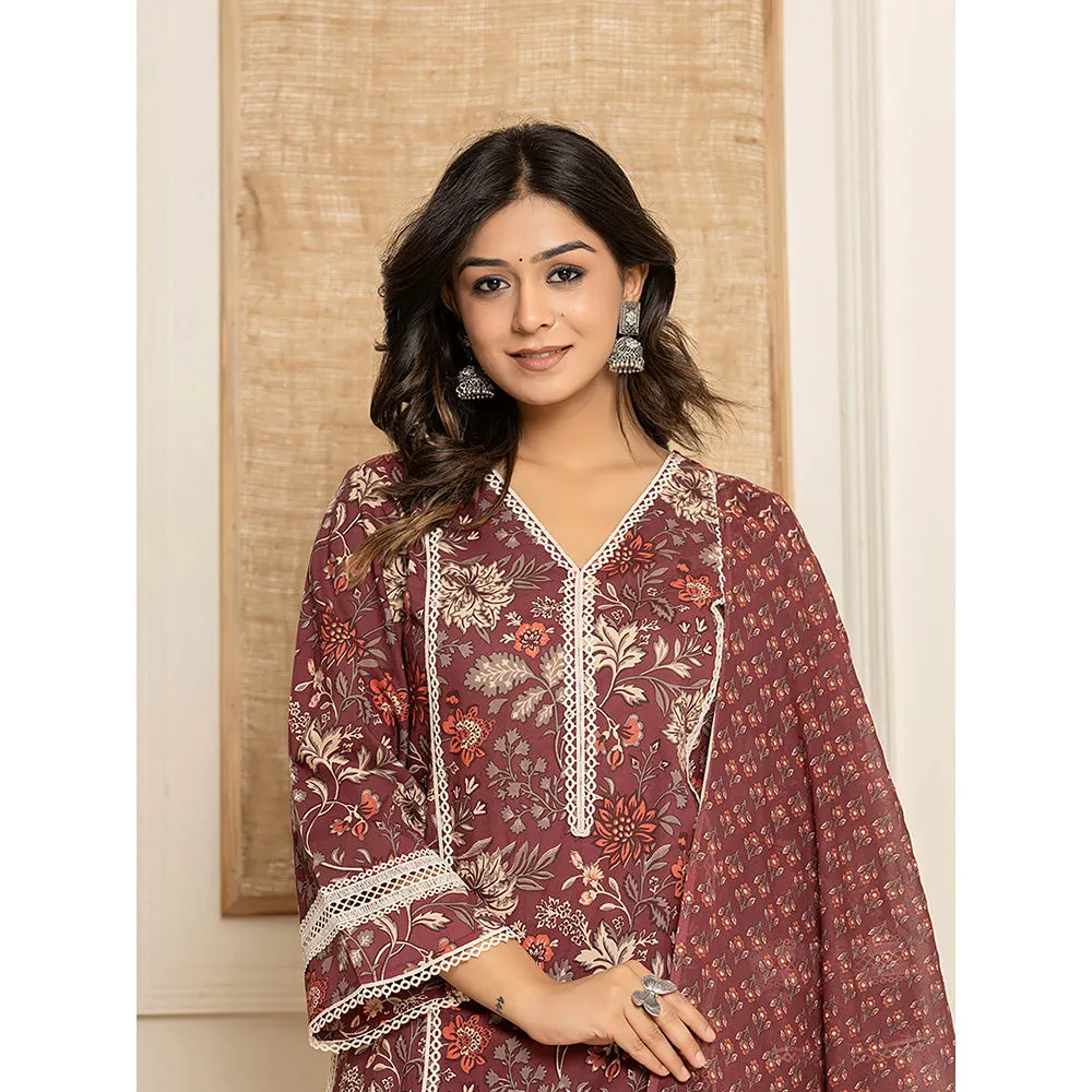 Yufta Maroon Floral Print Cotton Straight Style Kurta and Trouser with Dupatta (Set of 3)