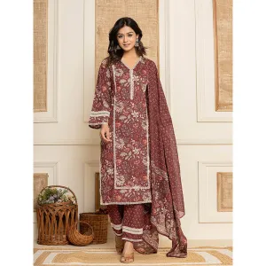 Yufta Maroon Floral Print Cotton Straight Style Kurta and Trouser with Dupatta (Set of 3)