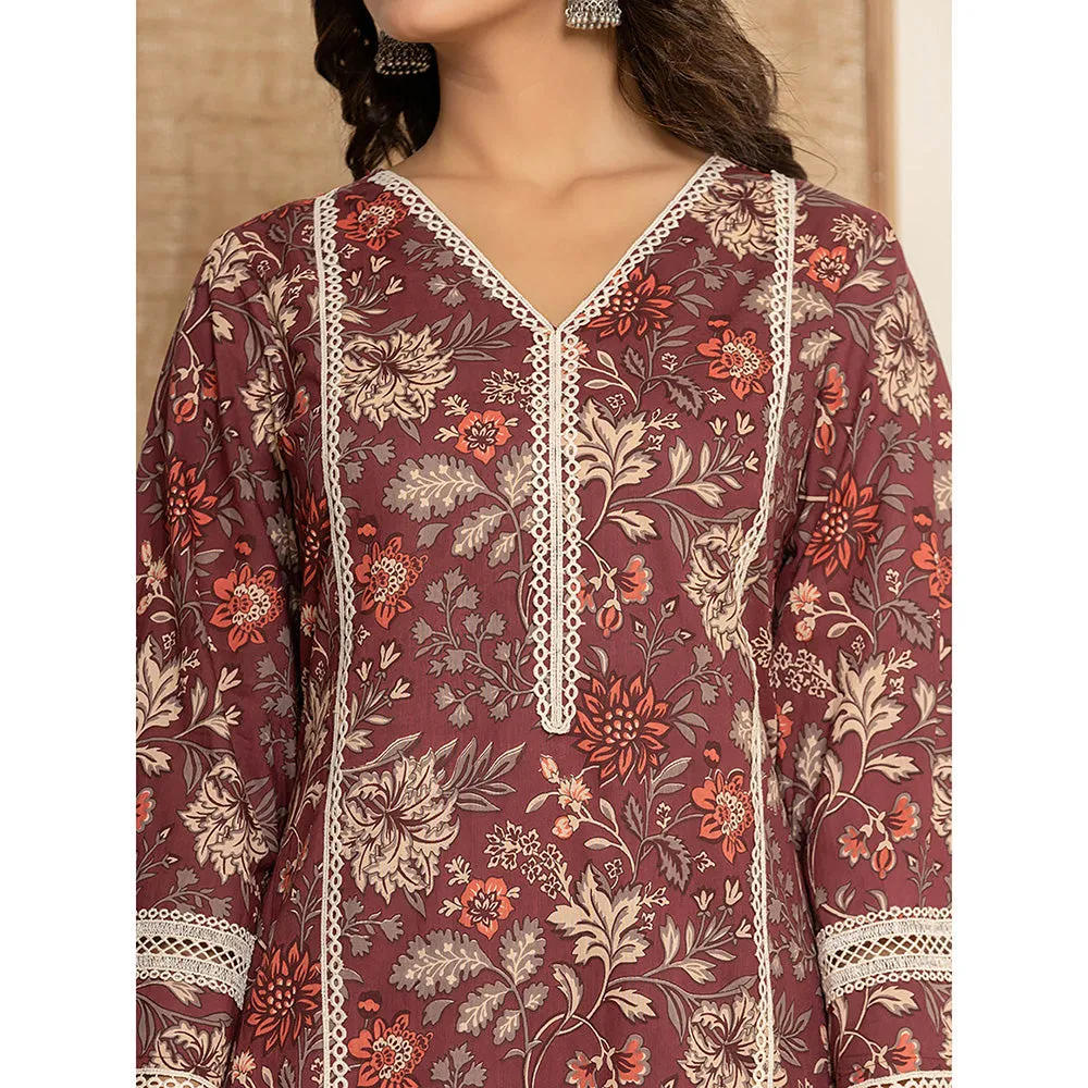 Yufta Maroon Floral Print Cotton Straight Style Kurta and Trouser with Dupatta (Set of 3)