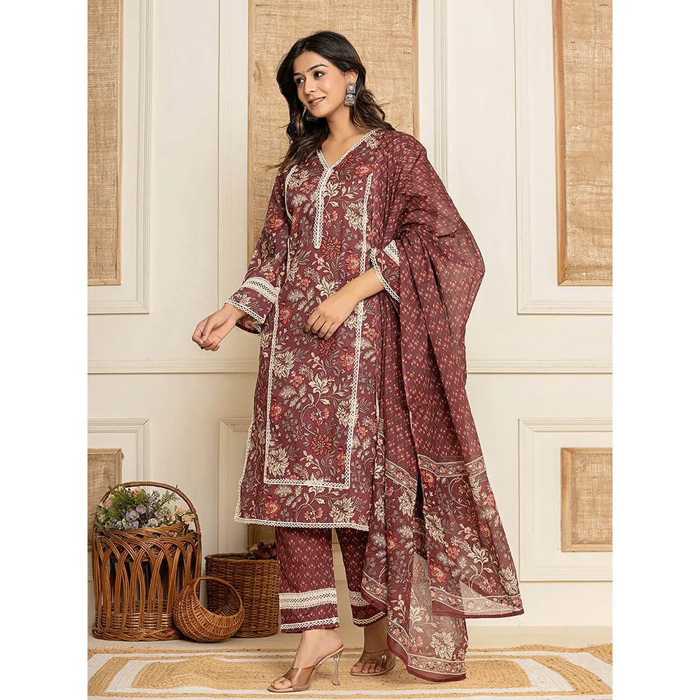 Yufta Maroon Floral Print Cotton Straight Style Kurta and Trouser with Dupatta (Set of 3)