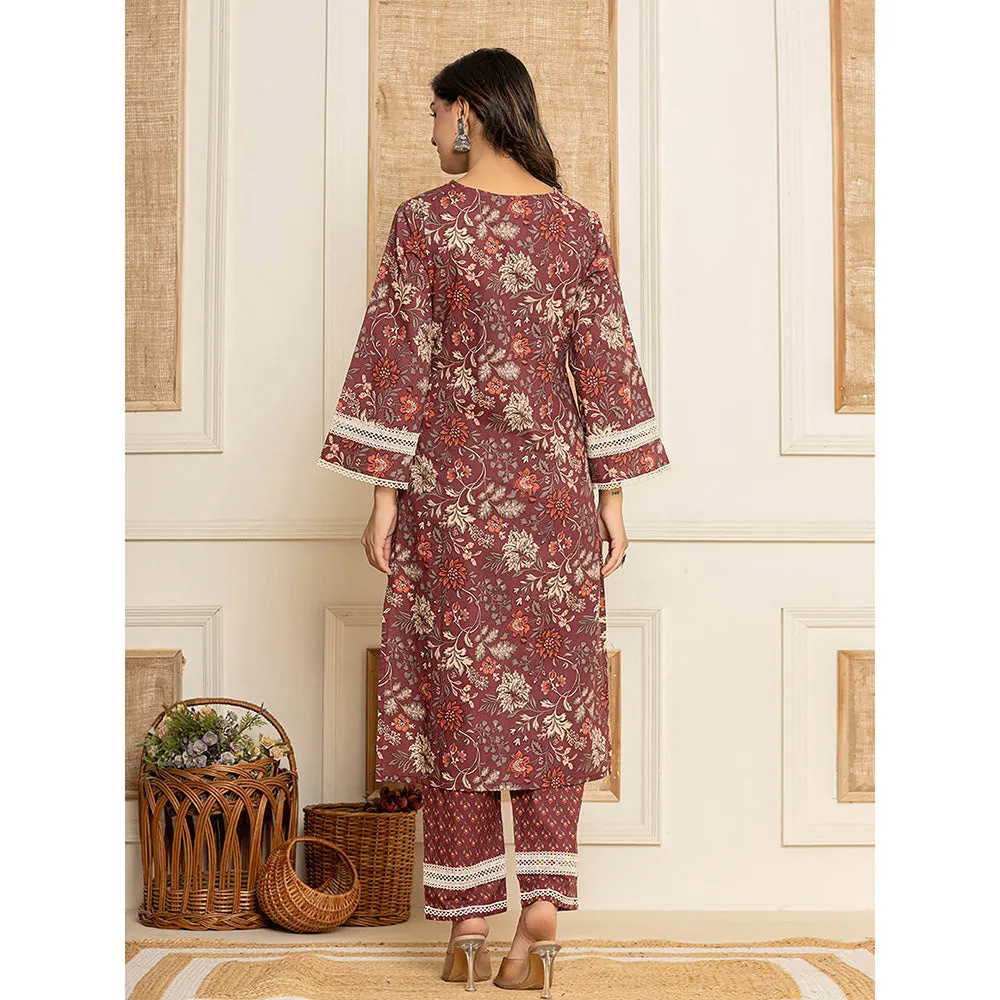 Yufta Maroon Floral Print Cotton Straight Style Kurta and Trouser with Dupatta (Set of 3)