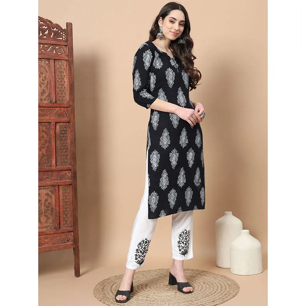 Yufta Women Black Paisley Print Rayon Kurta with Hand Block Print Trouser & Dupatta (Set of 3)