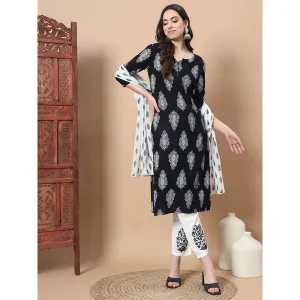 Yufta Women Black Paisley Print Rayon Kurta with Hand Block Print Trouser & Dupatta (Set of 3)