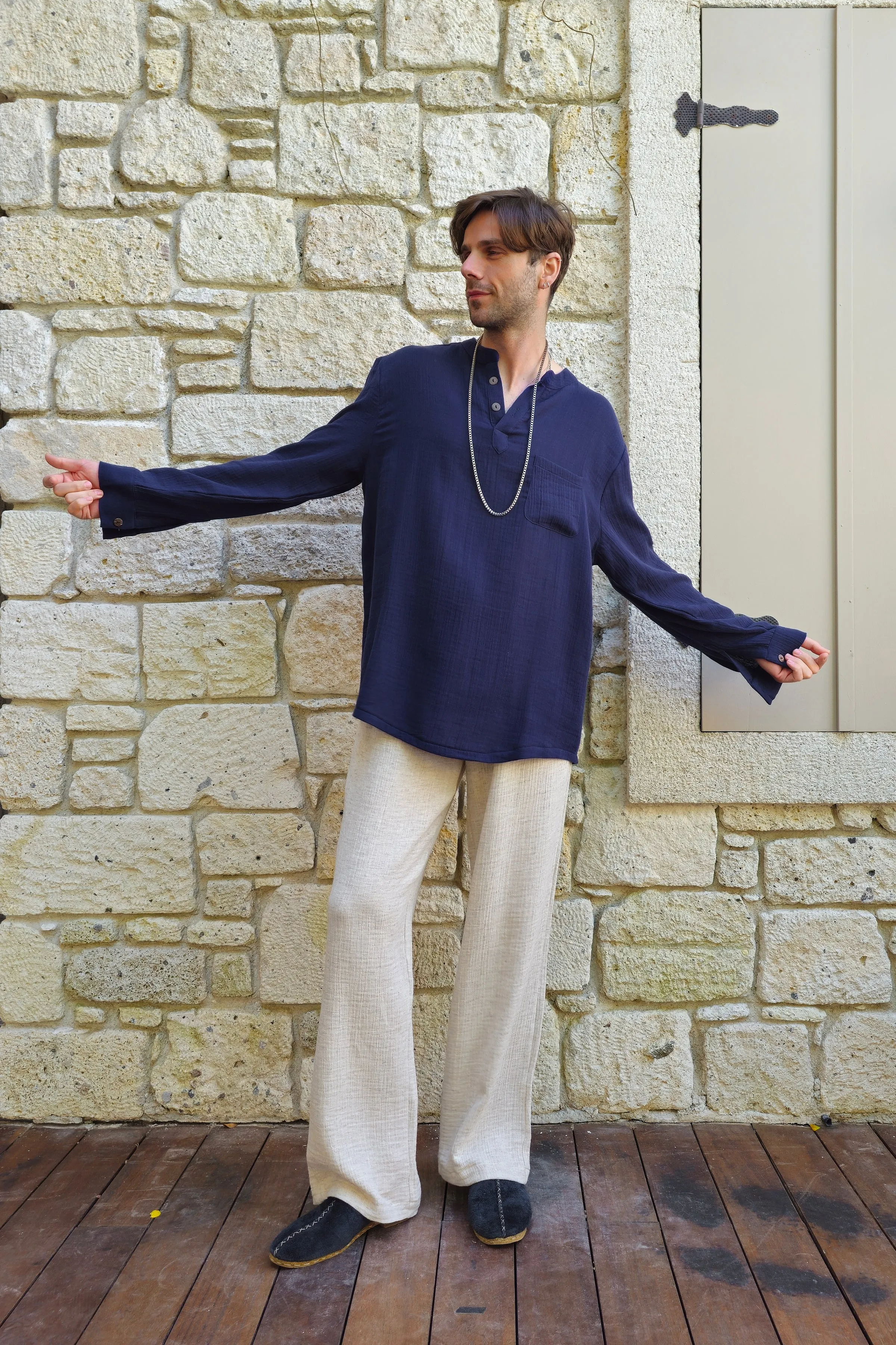 ZEUS Men's Double Gauze Shirt (Beige, Dark Blue)