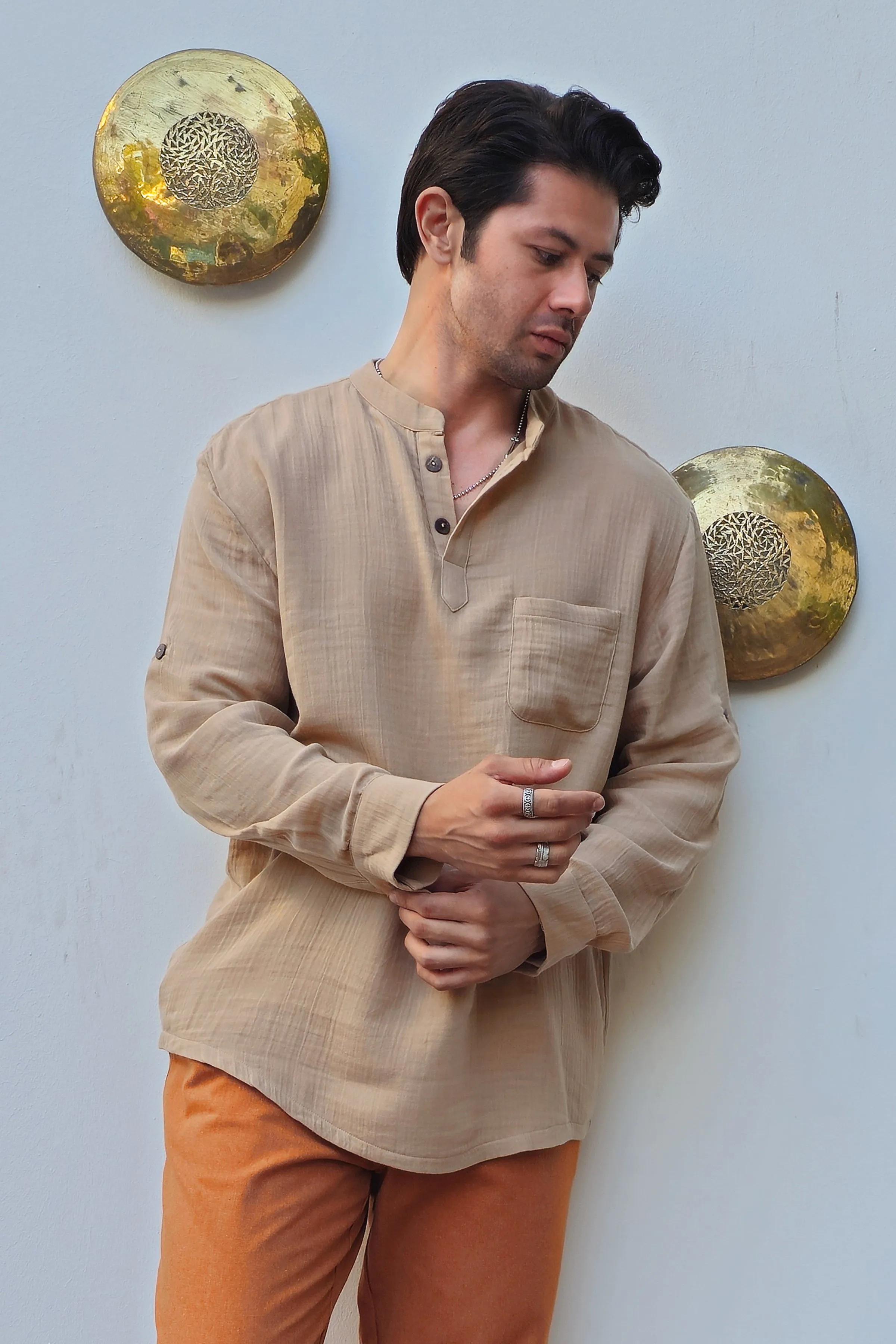 ZEUS Men's Double Gauze Shirt (Beige, Dark Blue)