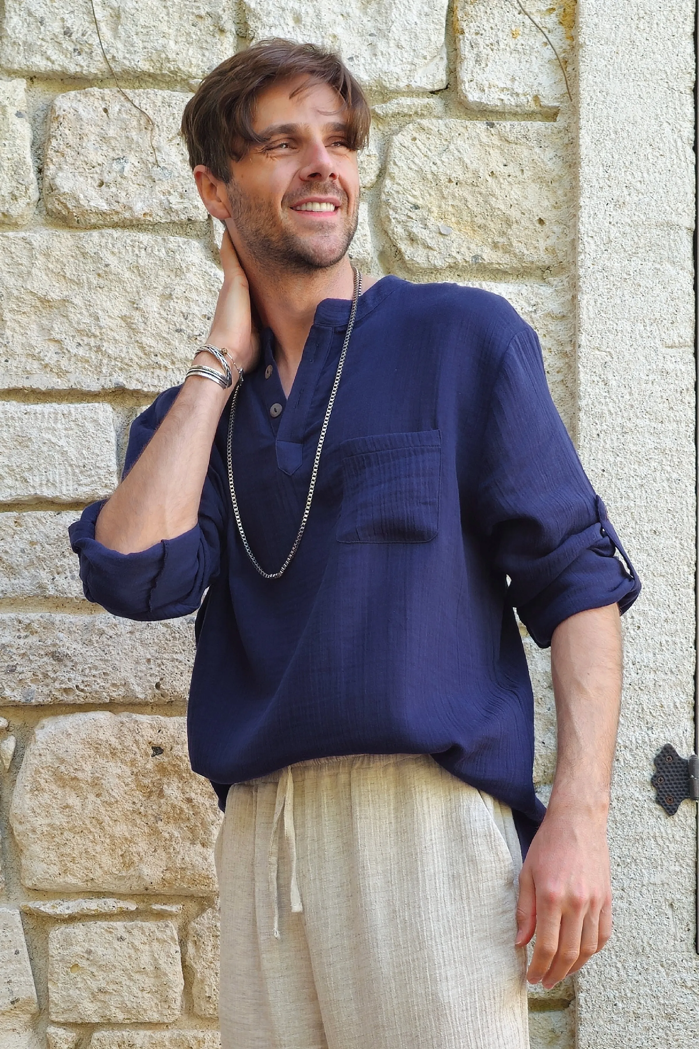 ZEUS Men's Double Gauze Shirt (Beige, Dark Blue)