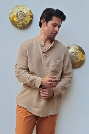 ZEUS Men's Double Gauze Shirt (Beige, Dark Blue)